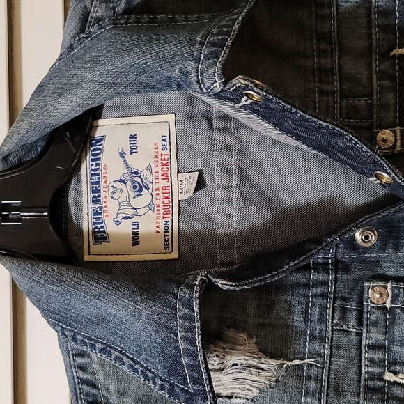 **SOLD***MEN'S TRUE RELIGION TRUCKER DENIM JEAN JACKET MED EUC - Picture 2 of 8